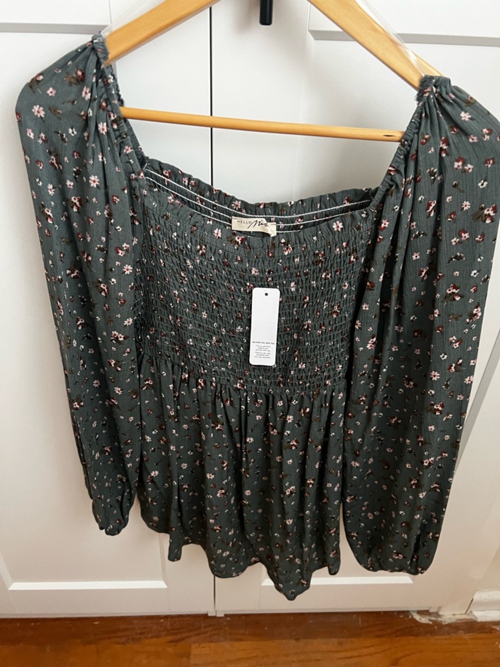Hello MIZ Olive Green Floral Smocked Peasant Blouse